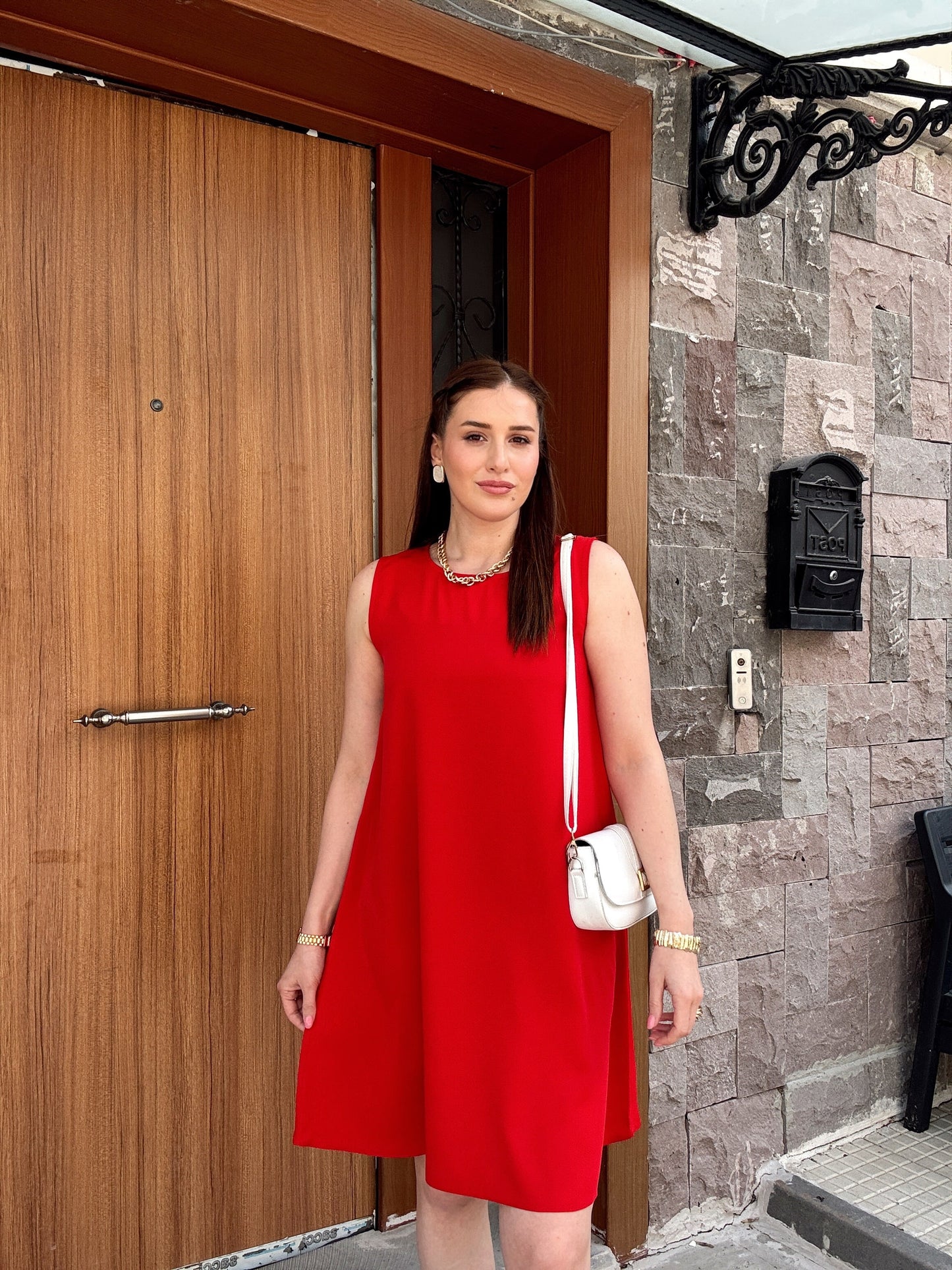 Tensel kumaş BASİC elbise KIRMIZI