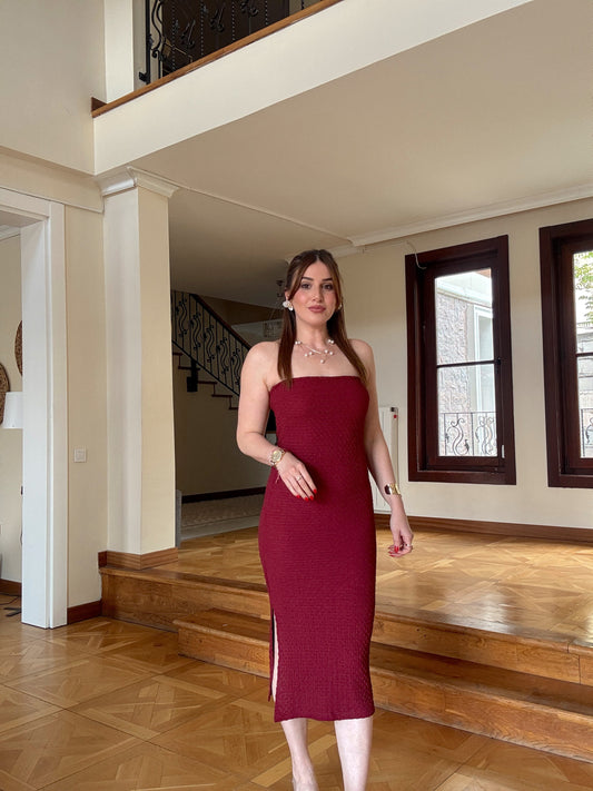 Straplez likralı astarlı elbise  BORDO
