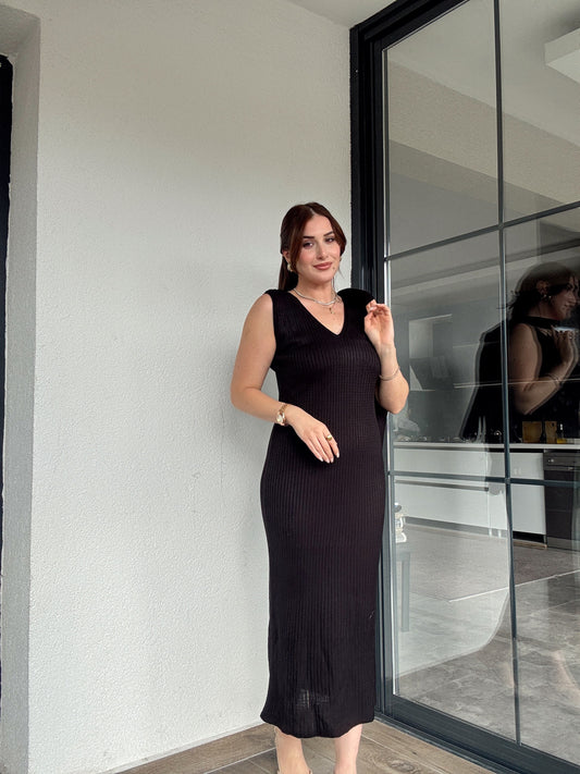 Önü Bağlama Jileli Triko Takım Siyah