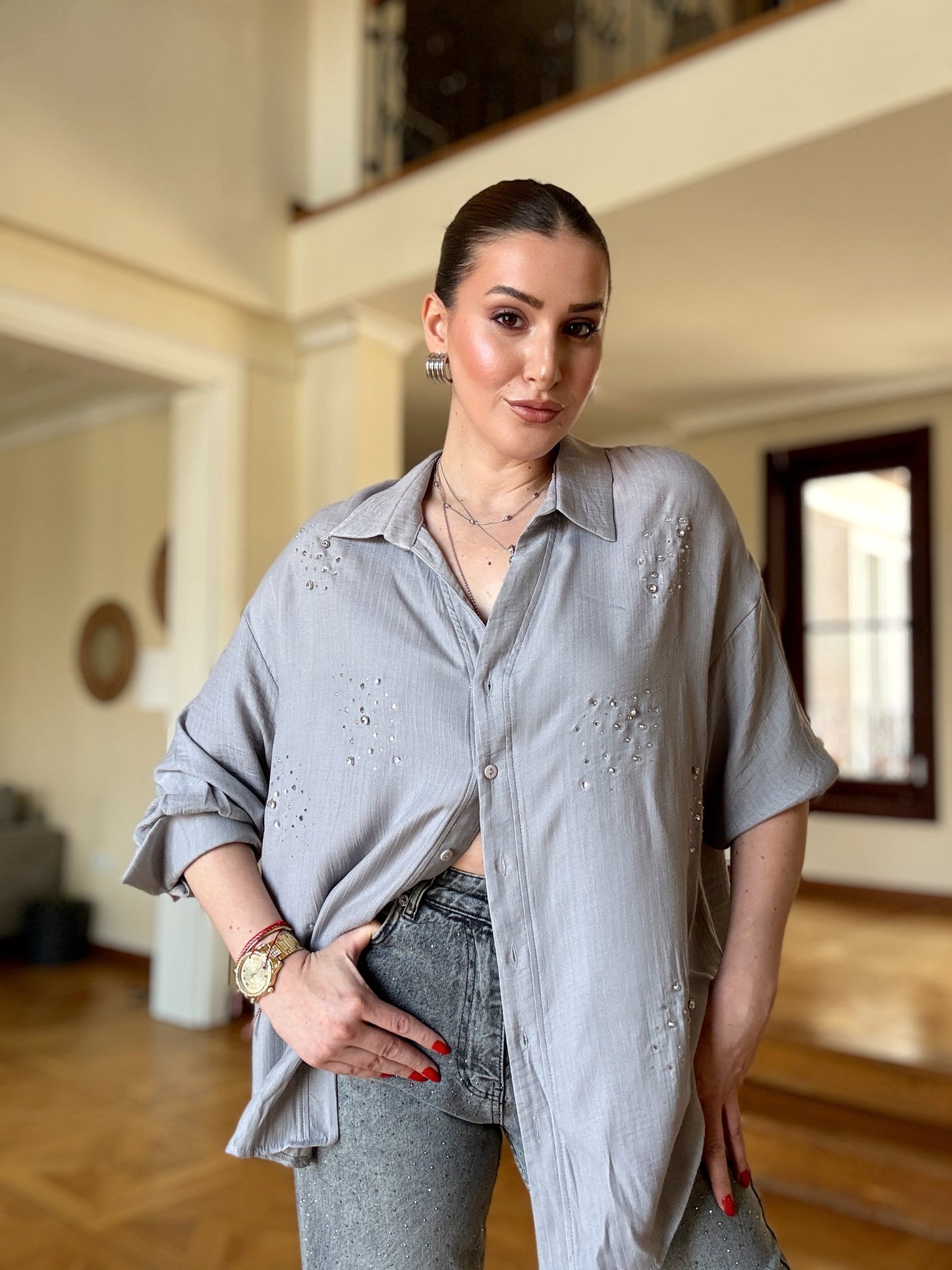 Keten kumaş taşlı oversize gömlek GRİ
