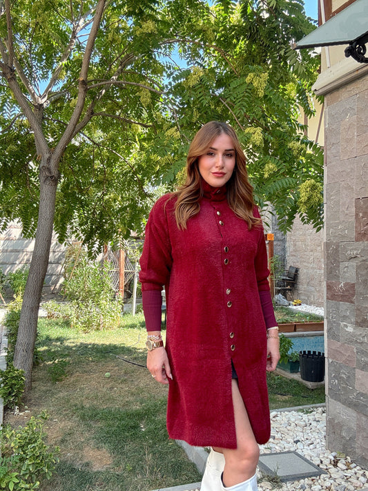 Sakal kumaş düğmeli premium hırka Bordo