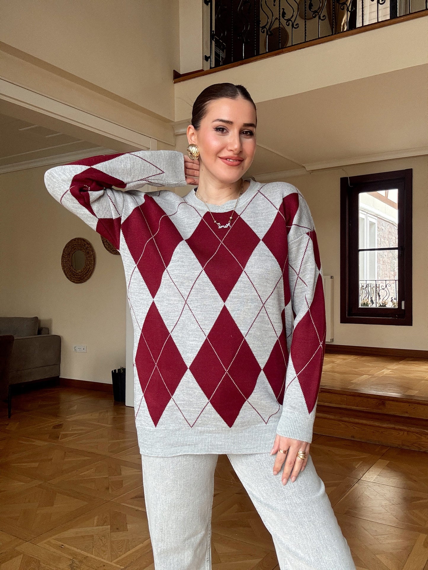 Pike Örgü Baklava Desenli Kazak Gri