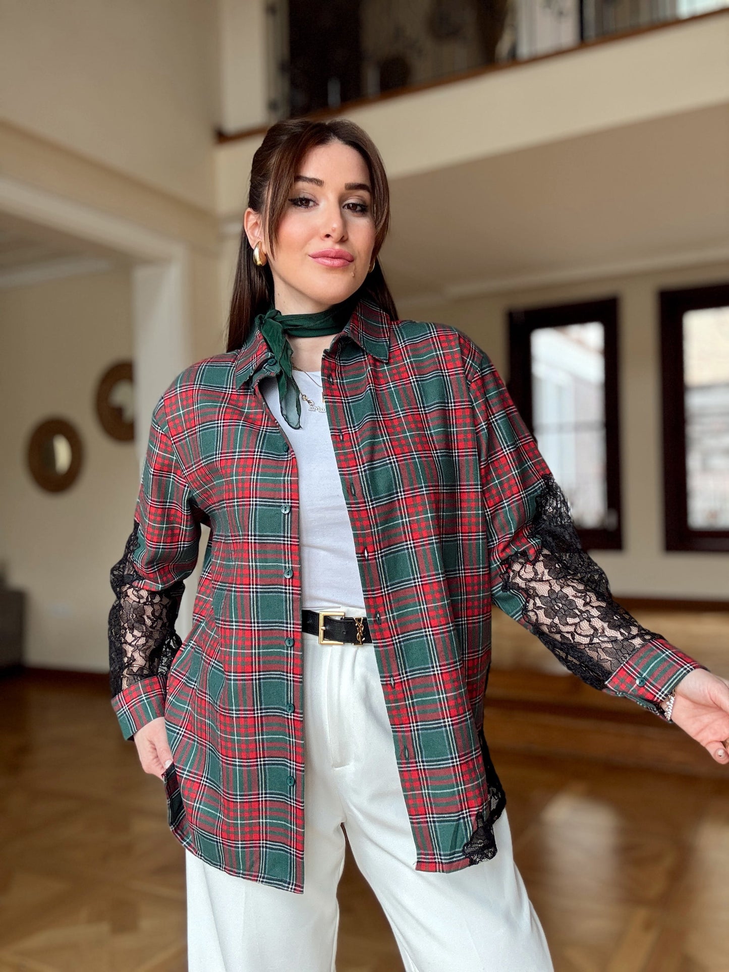 Tüllü Ekose Desen Gömlek-YEŞİL