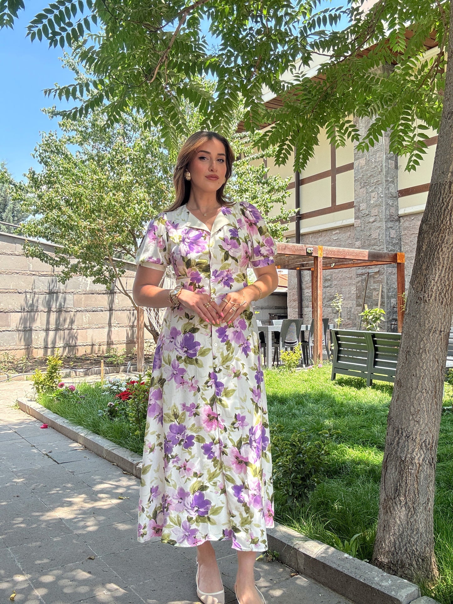 Çiçek desenli elbise Mor