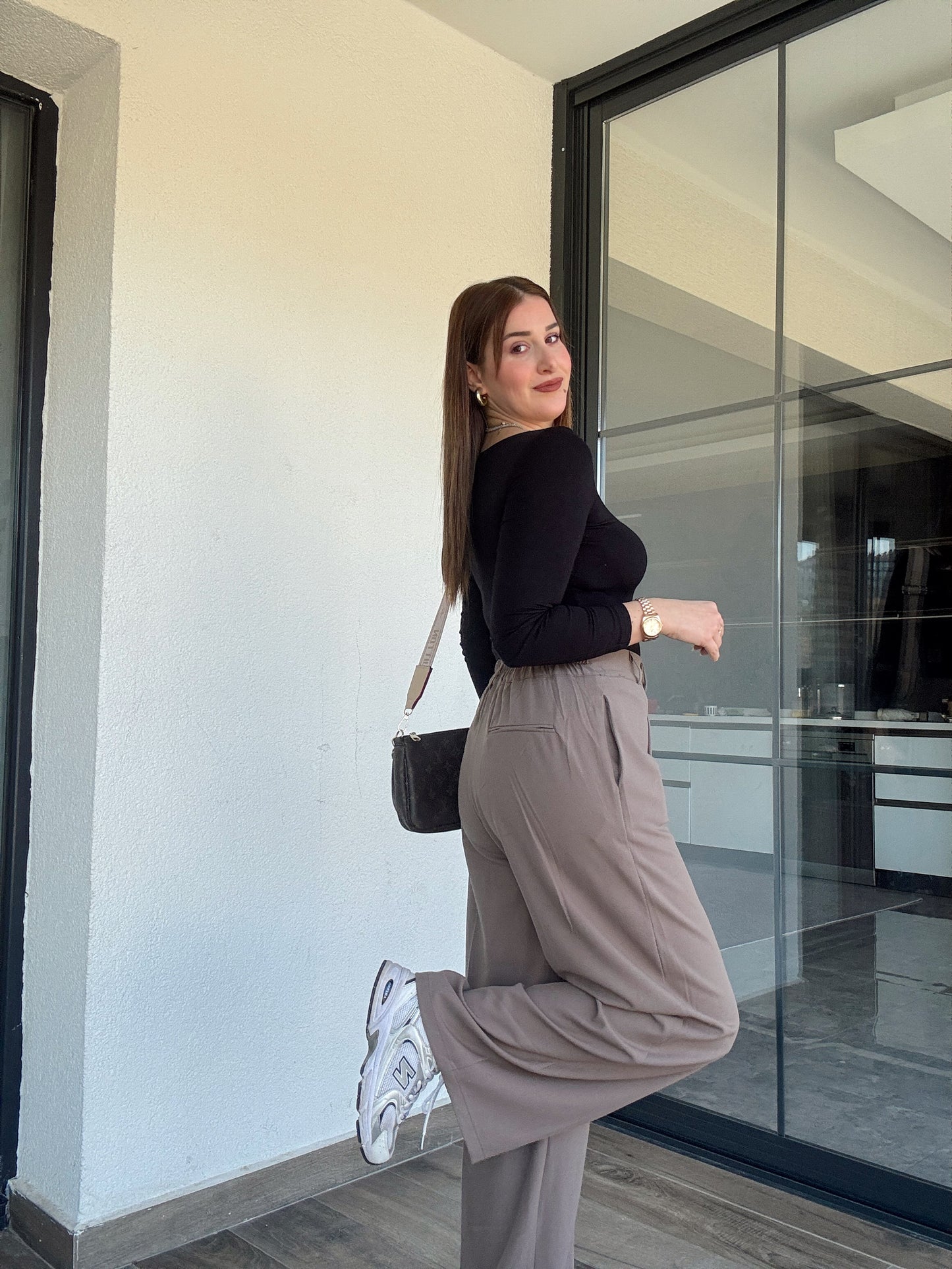 Çıtçıt detaylı palazzo pantolon-VİZON