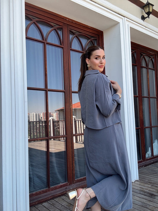 LİZBON gömlek elbiseli ikili takım GRİ