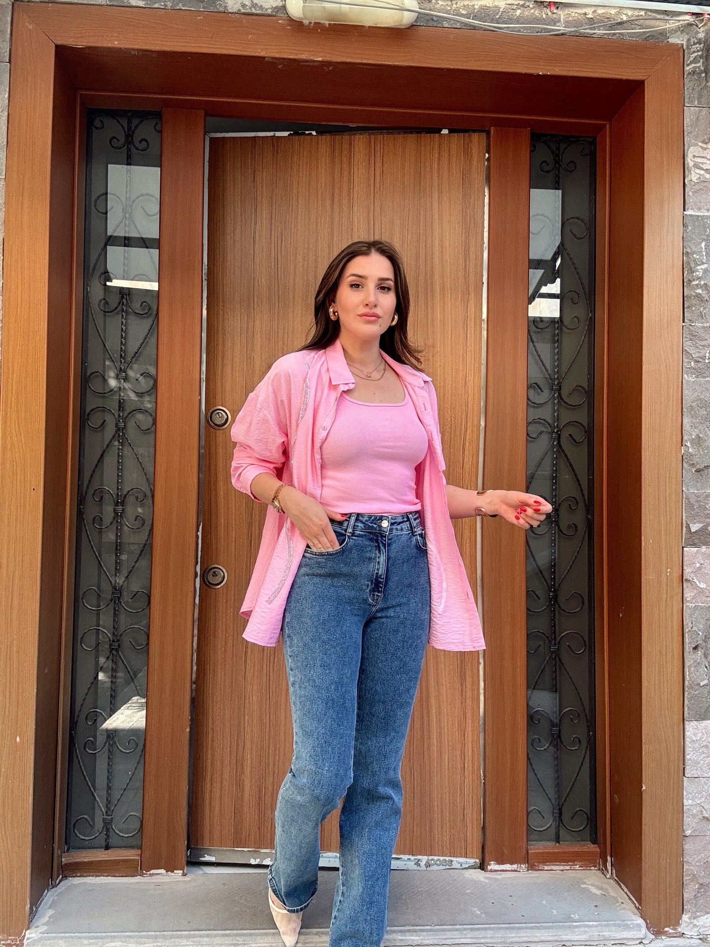 2 Parça Gömlek Atlet Takım Pembe