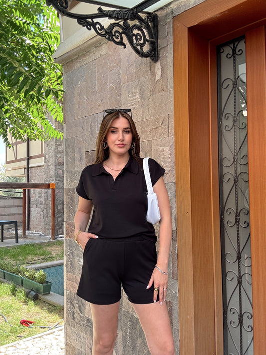 Polo yaka Modal Kumaş Şortlu Takım Siyah
