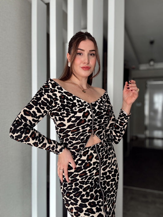 Leopar Desenli Fermuarlı Bluz KAHVE