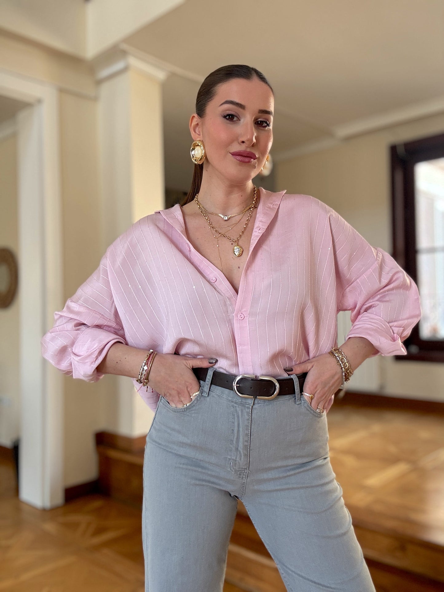 5 Düğme pullu gömlek Pembe