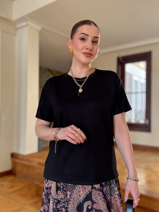 Oversize Modal Yırtmaçlı Tişört Sİyah