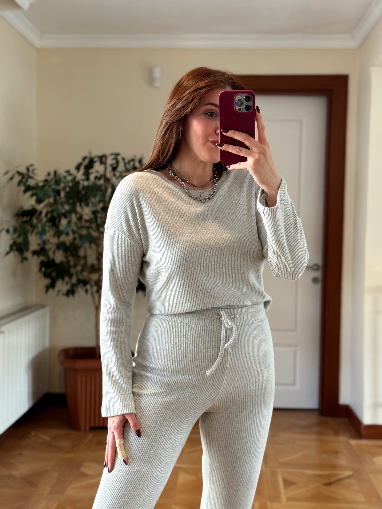 Fitilli bisiklet yaka crop bol paça pantolon takım-GRİ