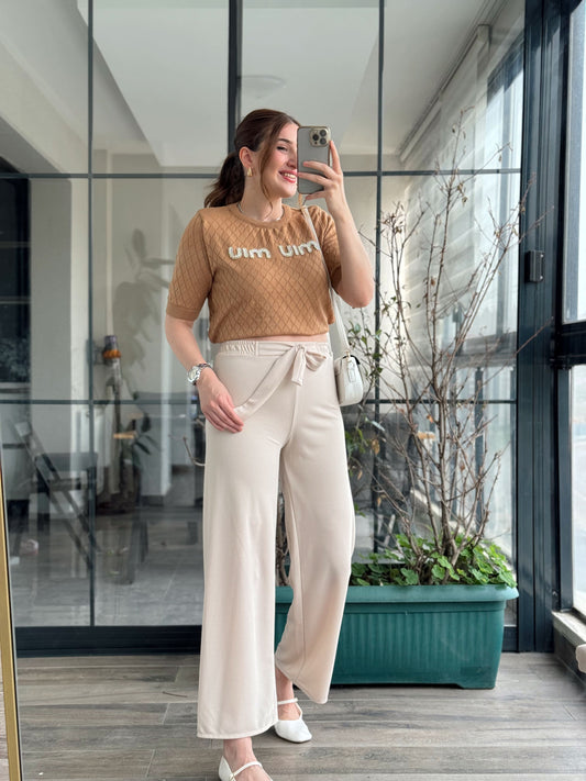 Kuşaklı Crep Kumaş Palazzo Pantolon-BEJ