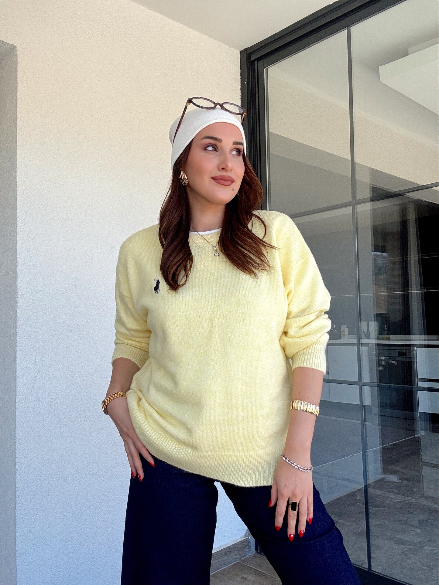 Nakışlı Oversize Triko Kazak Sarı