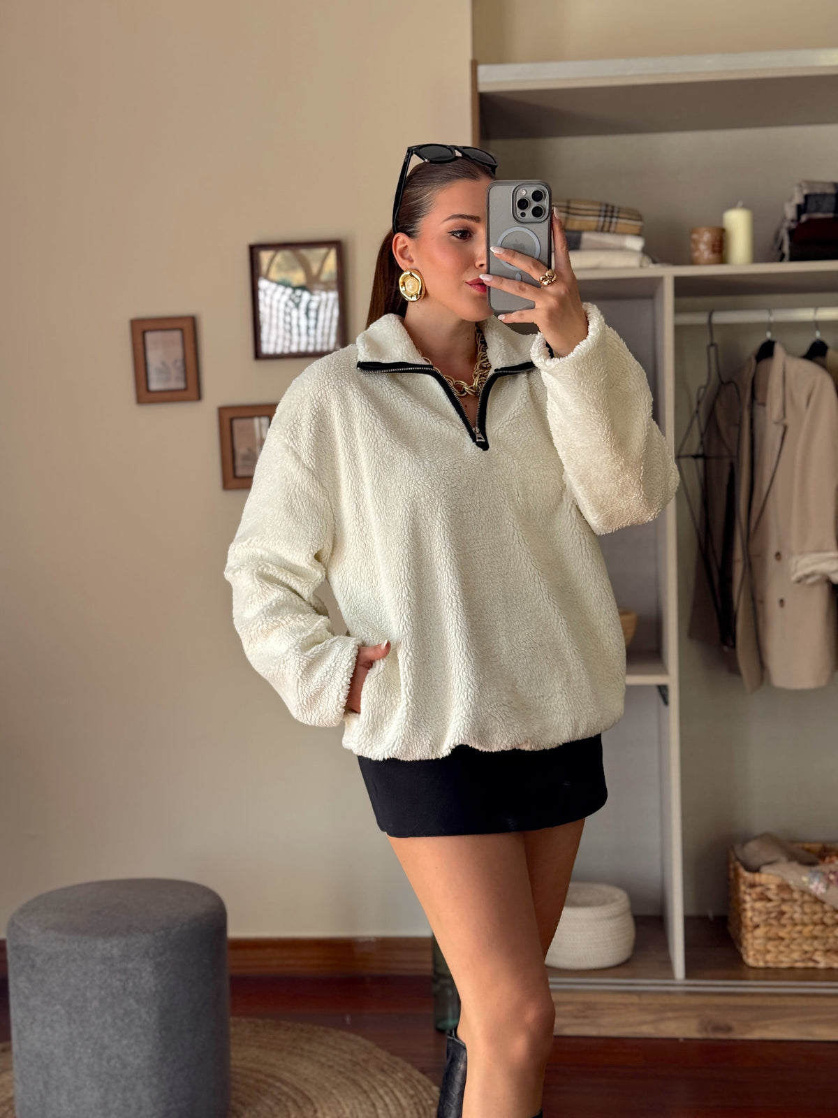 Fermuarlı Polat sweatshirt Beyaz