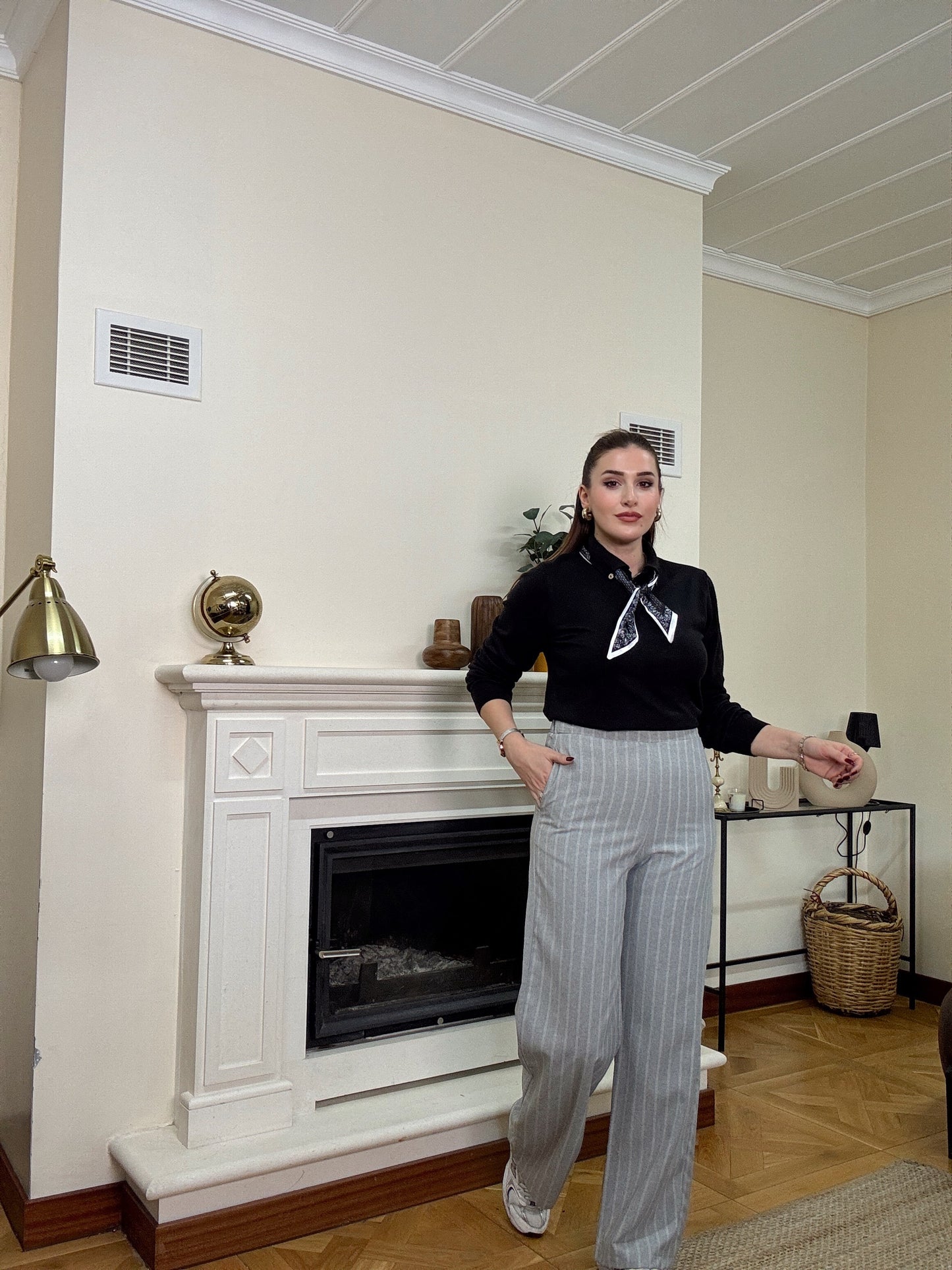 Beli lastikli çizgili pantolon-GRİ