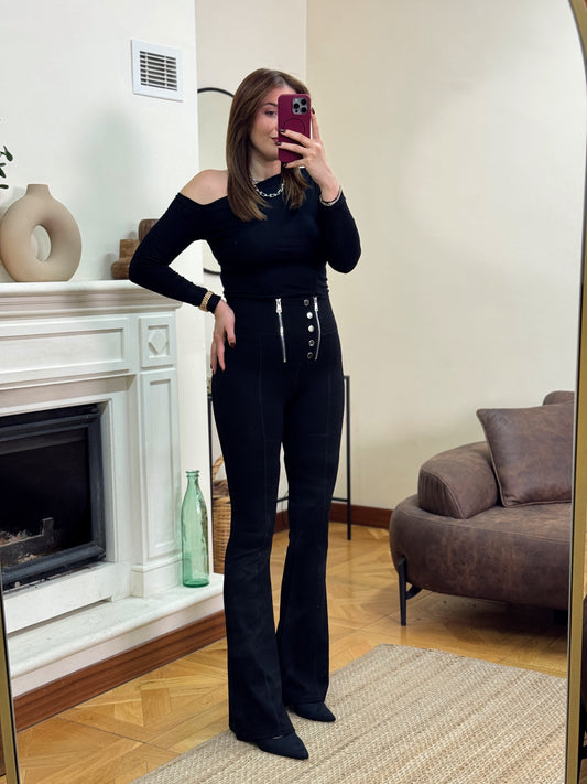 İspanyol paça çift fermuarlı tayt-SİYAH