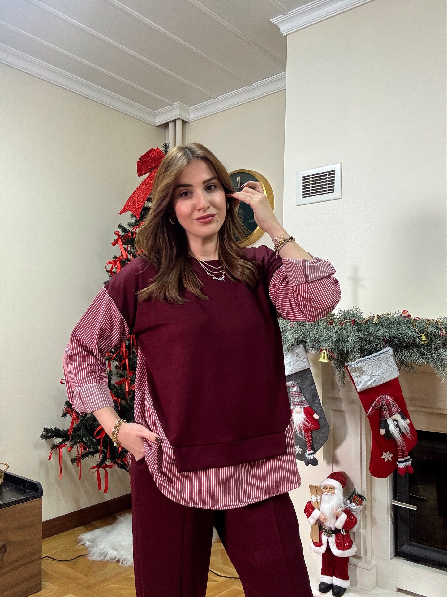 Terikoton arkası gömlekli modal takım-BORDO