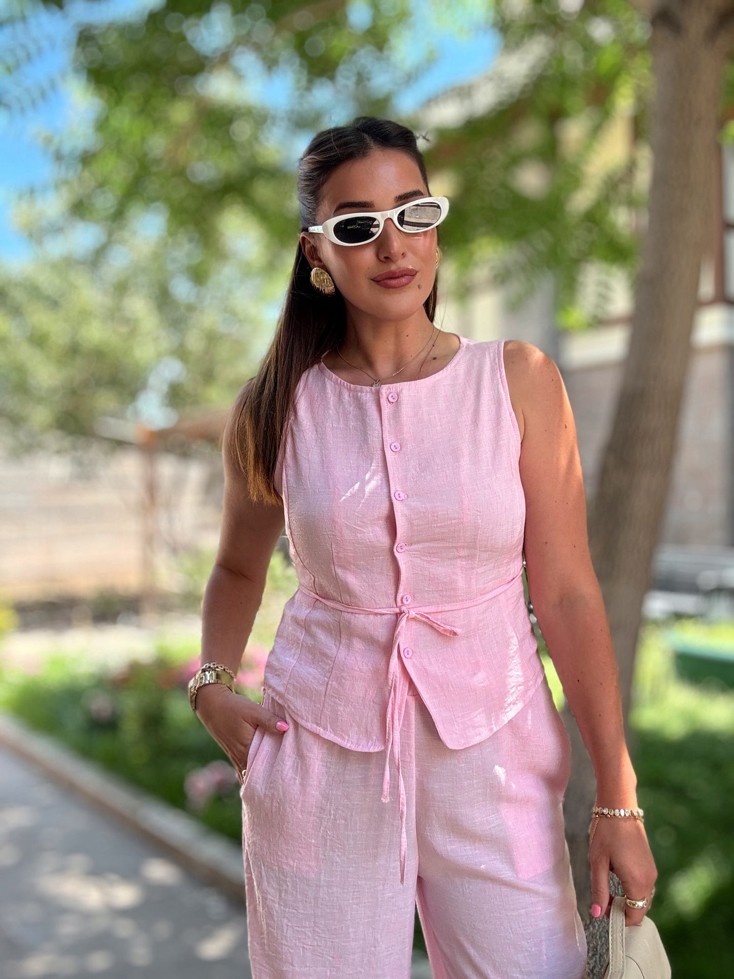 Yelekli bağlama detay keten takım Pembe
