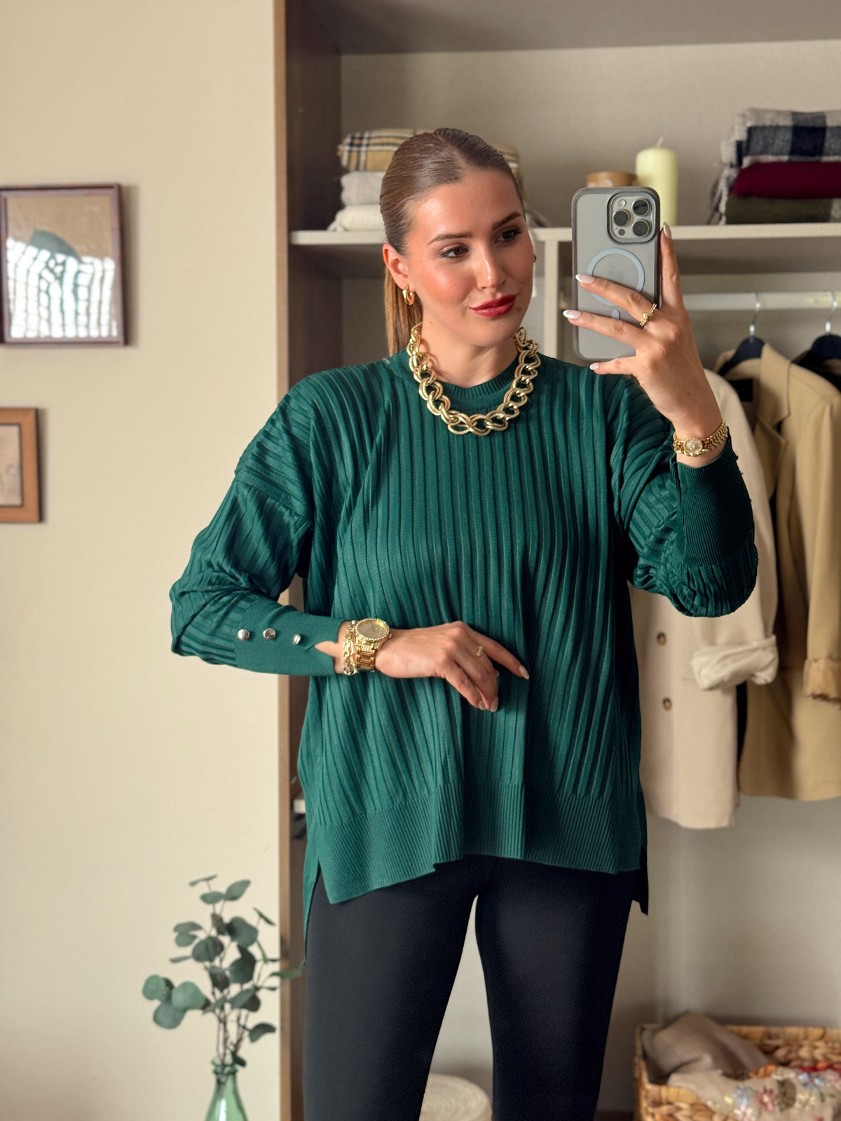 Oversize kesim düğmeli bol kazak Zümrüt