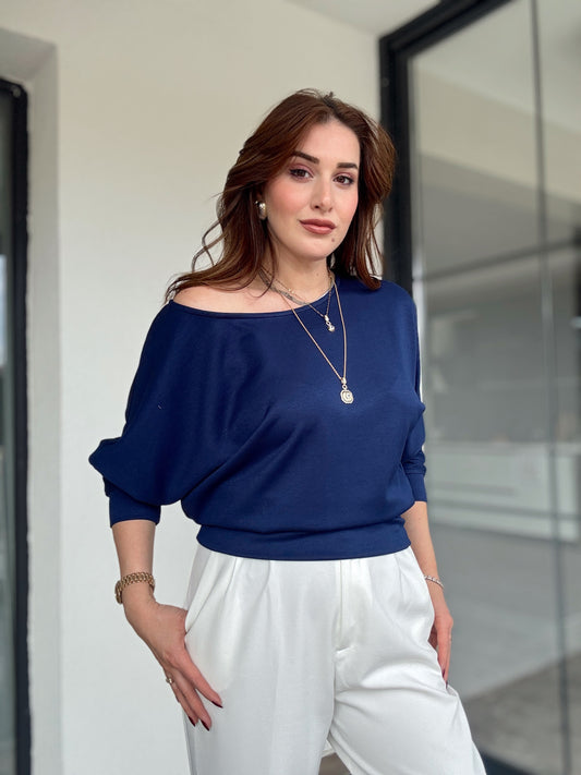 Kayık yaka modal kumaş bluz-LACİVERT