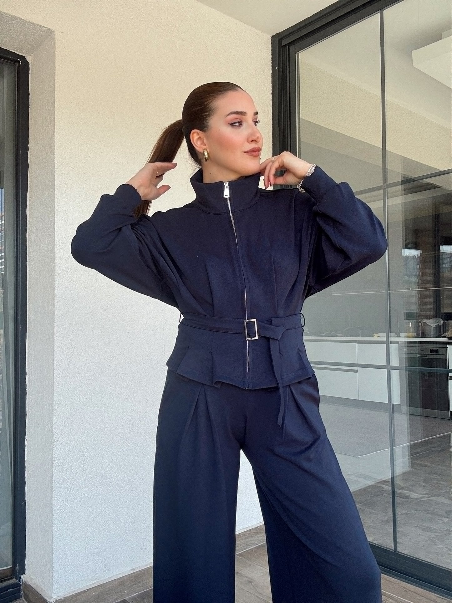 Modal kumaş dik yaka etek pileli ceket pantolon takım-LACİVERT