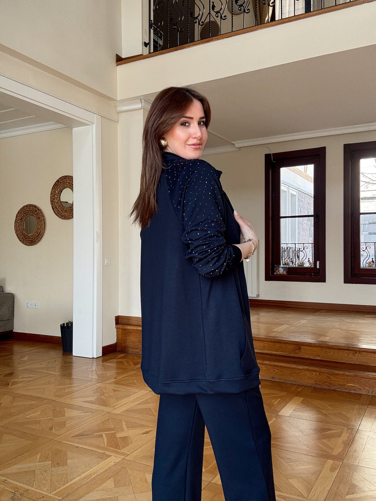 Üçlü Taşlı Oys Takım-LACİVERT