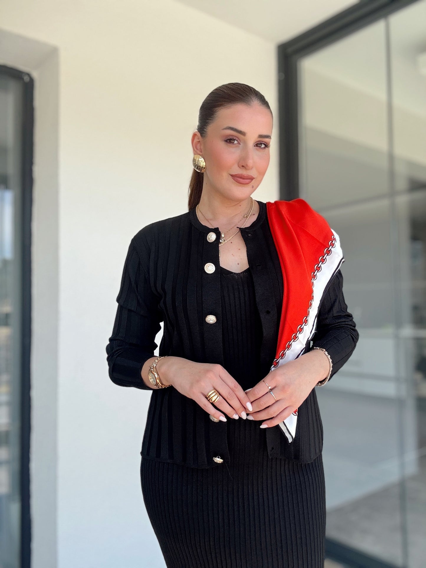 Fitilli Düğmeli Triko Takım Siyah