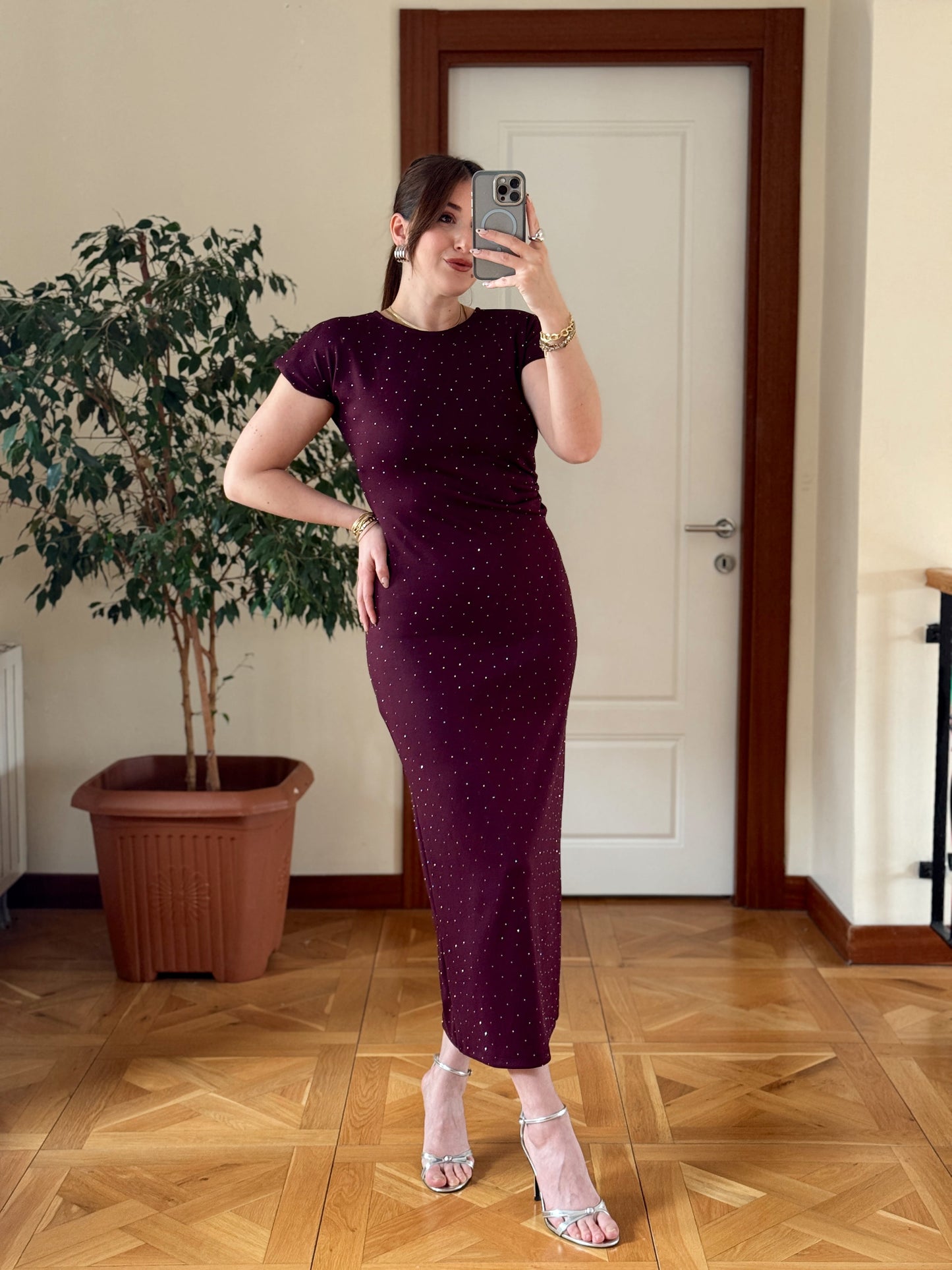 Vatkalı Taşlı Kısa Kol Elbise-MÜRDÜM