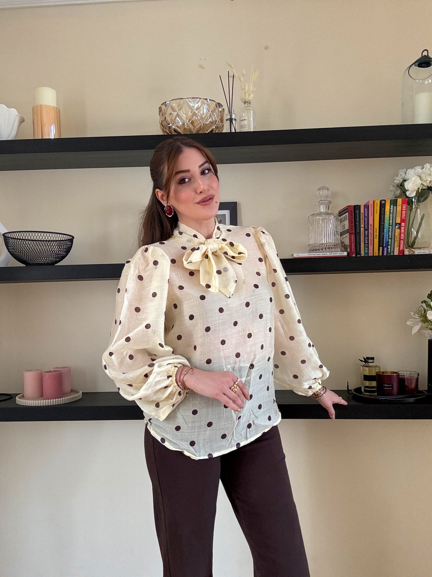 Puantiye desenli viskon gömlek açık Sarı