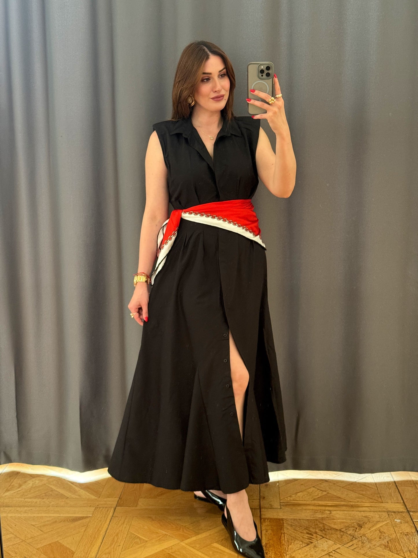Düğmeli poplin kumaş gömlek elbise - siyah