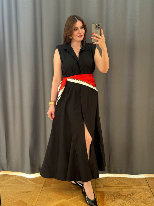 Düğmeli poplin kumaş gömlek elbise - siyah