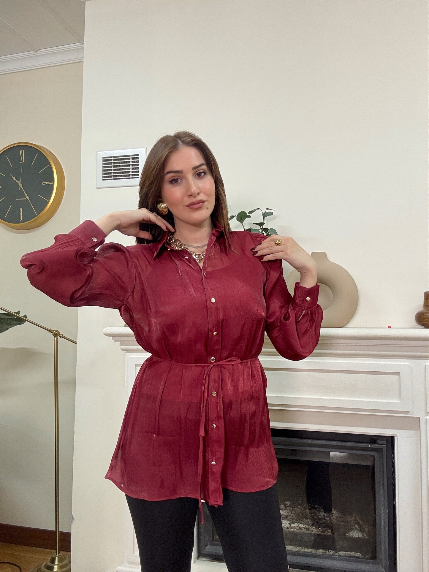 Transparan içi atletli kemerli gömlek BORDO