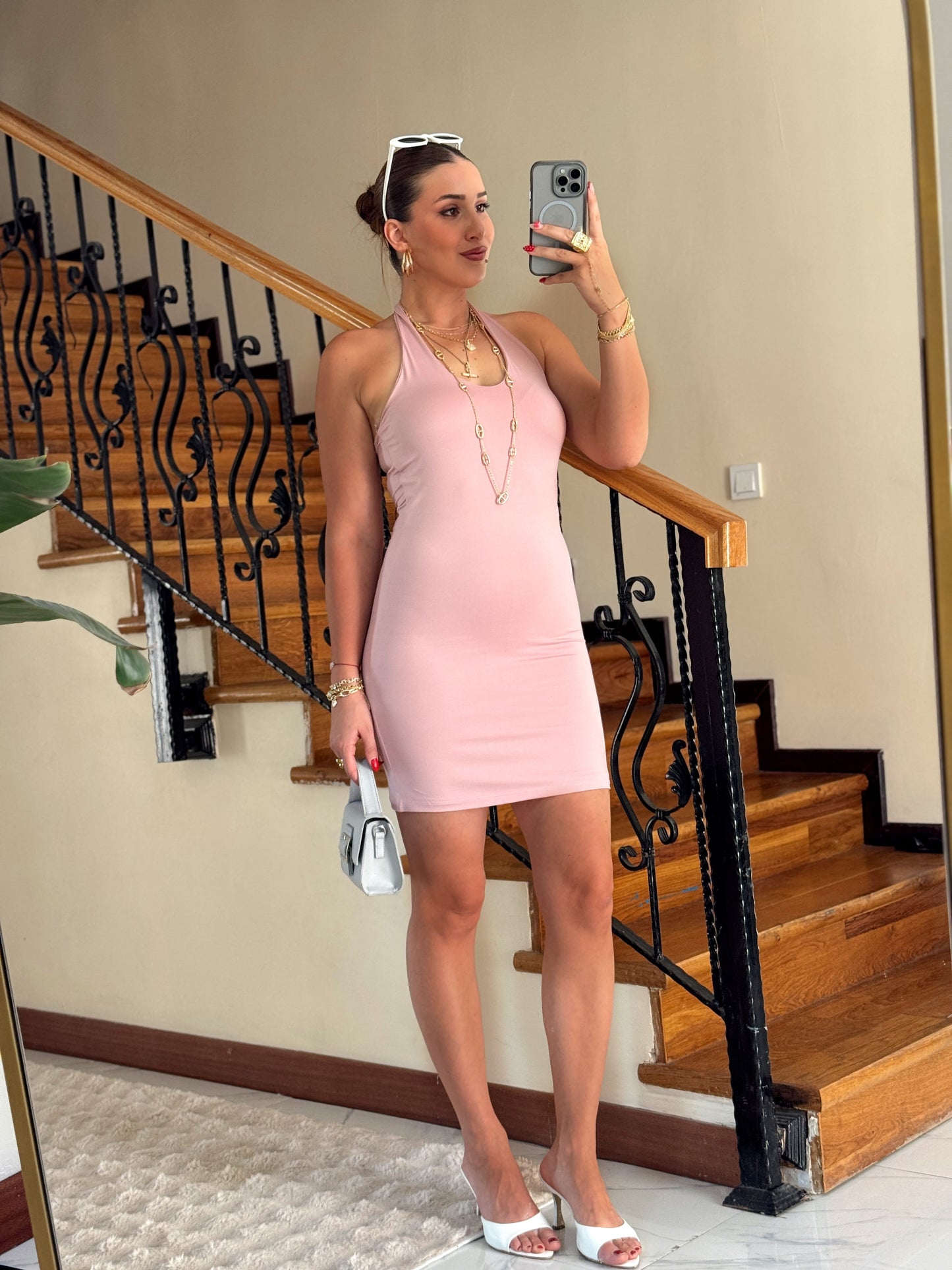 Marka model boyun detaylı elbise PEMBE