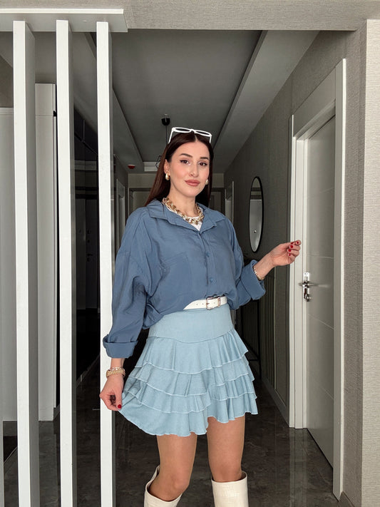 Astarlı Katlı Şort Etek - BEBE MAVİ