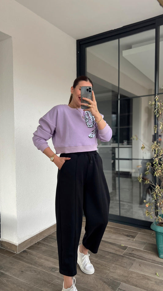 Leopar Baskı Crop Sweat KLS344 LİLA