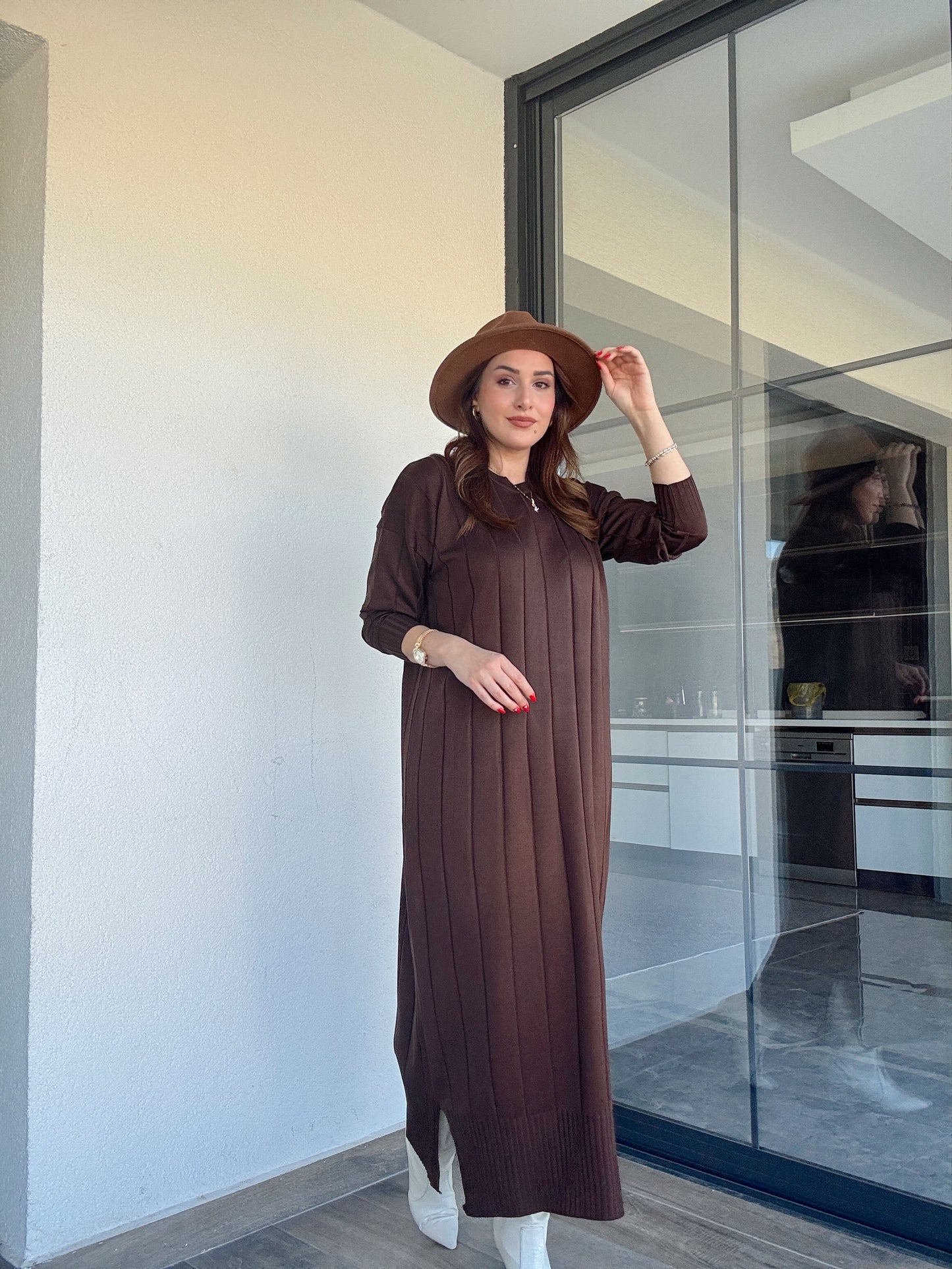 Şerit detaylı uzun triko elbise KAHVERENGİ