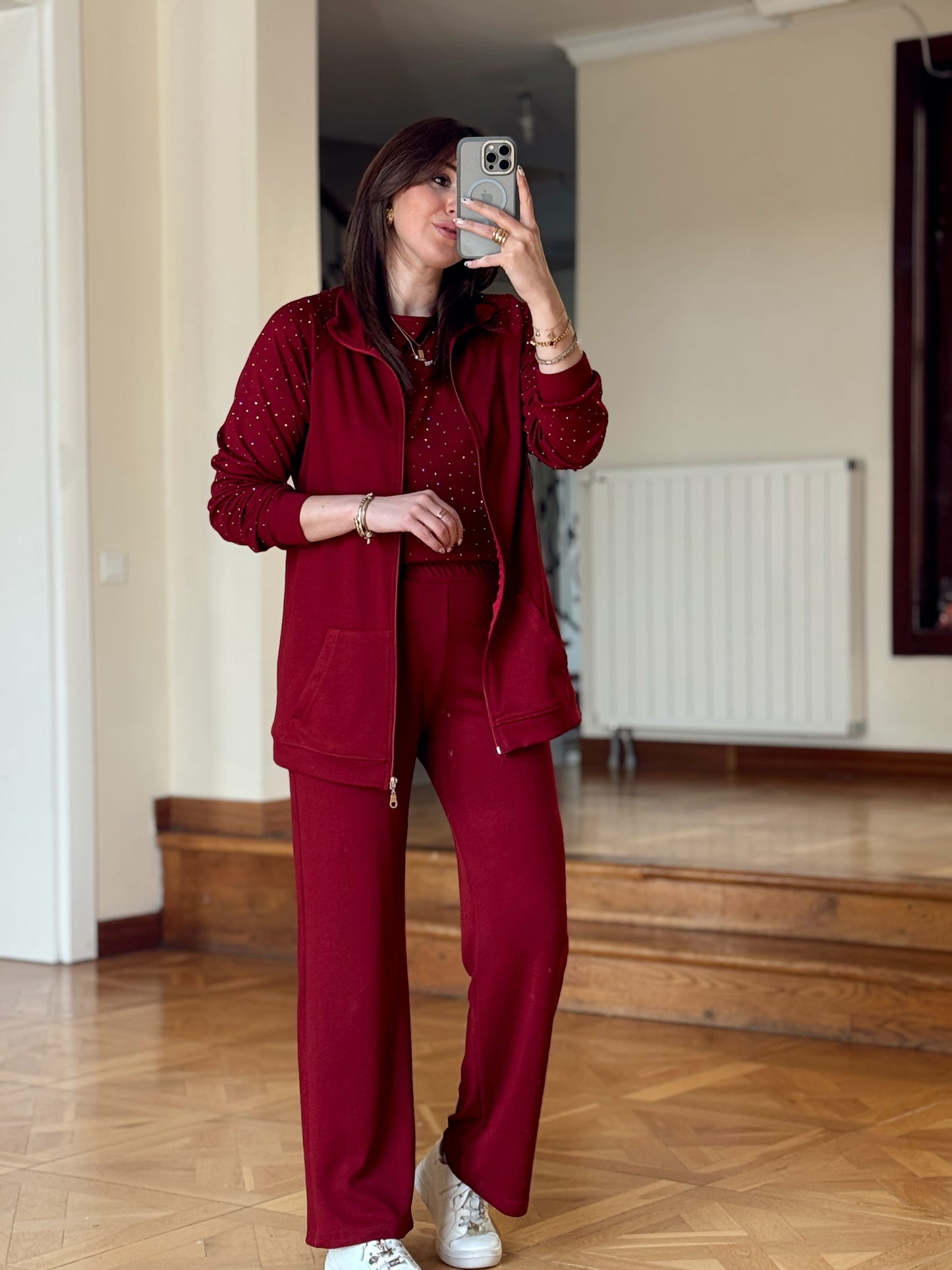 Üçlü Taşlı Oys Takım-BORDO