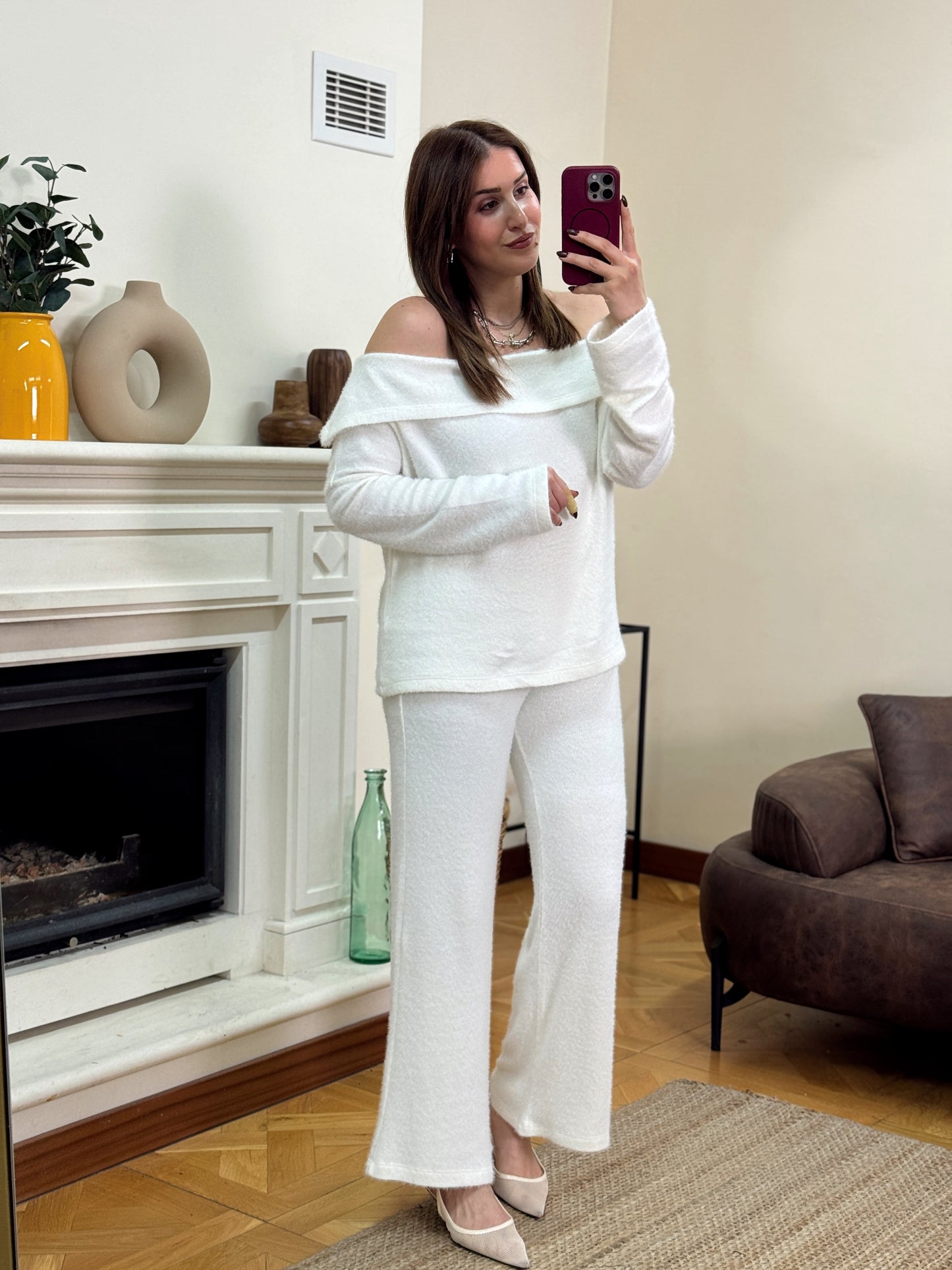 Yumoş madonna yaka pantolon takım-BEYAZ