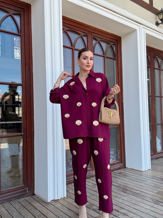 Deniz kabuğu nakış işlemeli keten takım BORDO