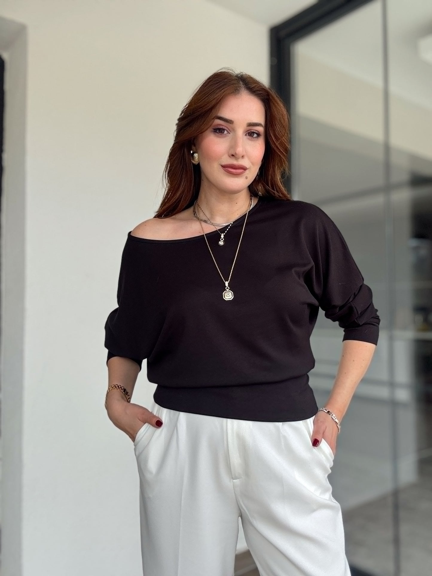 Kayık yaka modal kumaş bluz-SİYAH