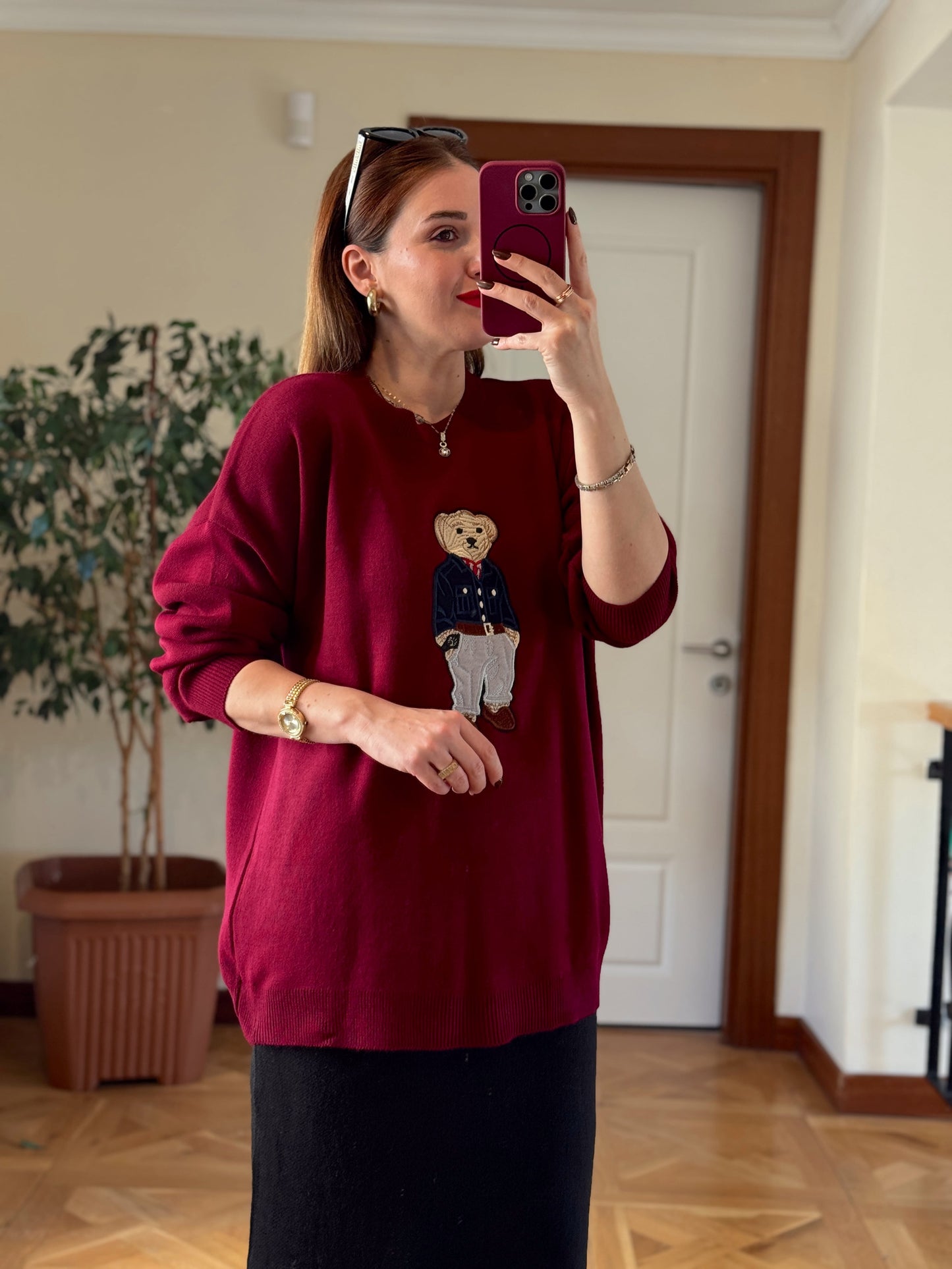 Oversize Ayıcık İşlemeli Kazak BORDO