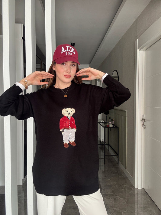 Oversize Ayıcık İşlemeli Kazak SİYAH