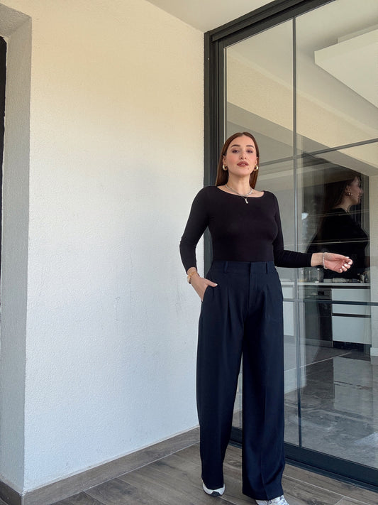Çıtçıt detaylı palazzo pantolon-LACİVERT