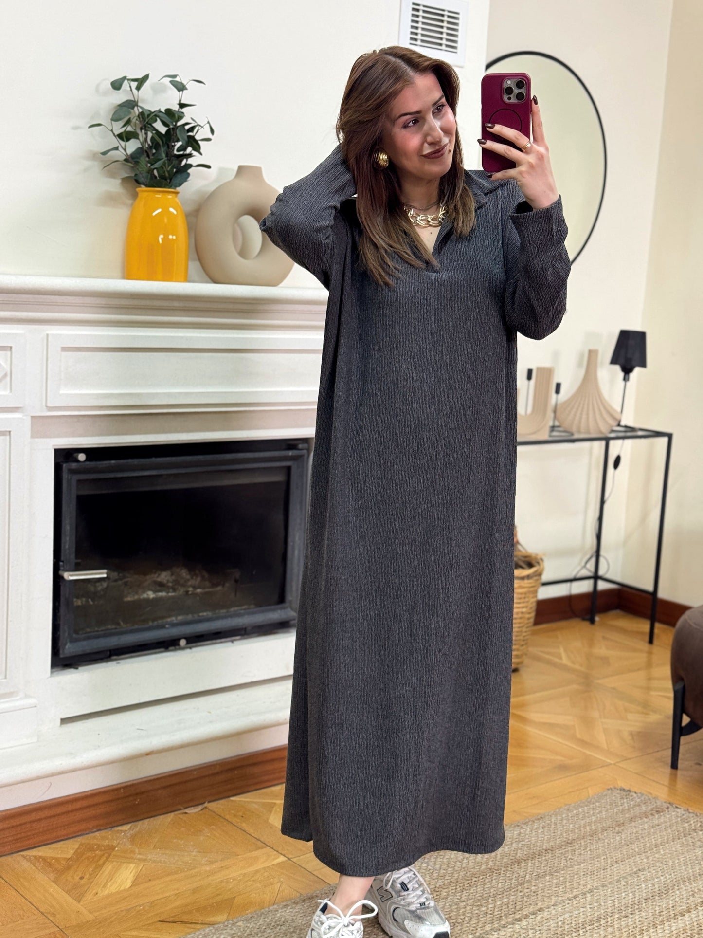 Polo yaka çift yıtmaç elbise-ANTRASİT