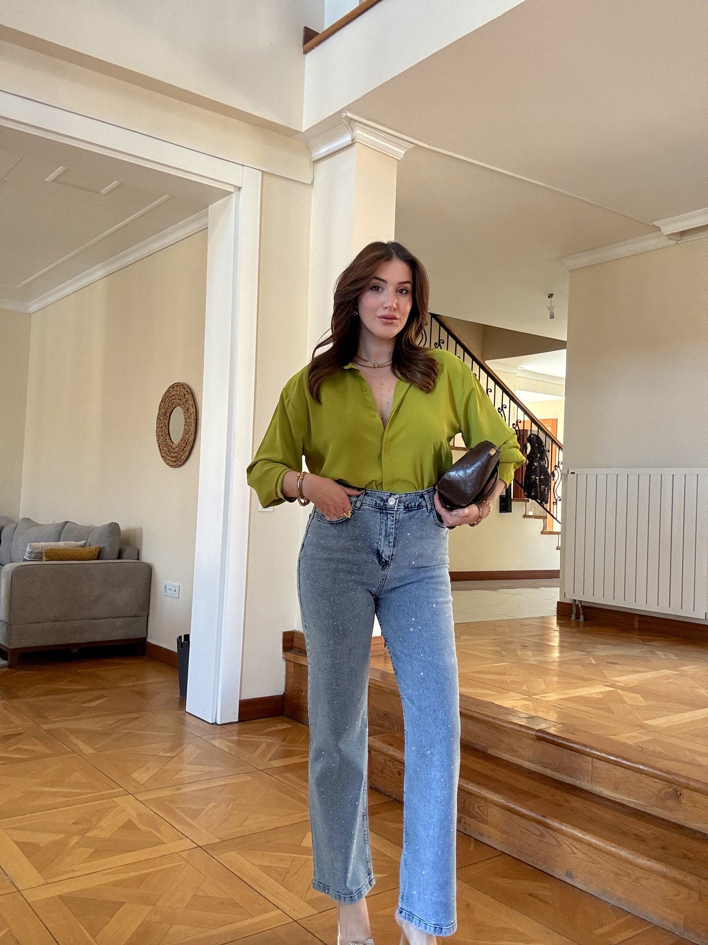 Taşlı Likralı kot pantolon Mavi
