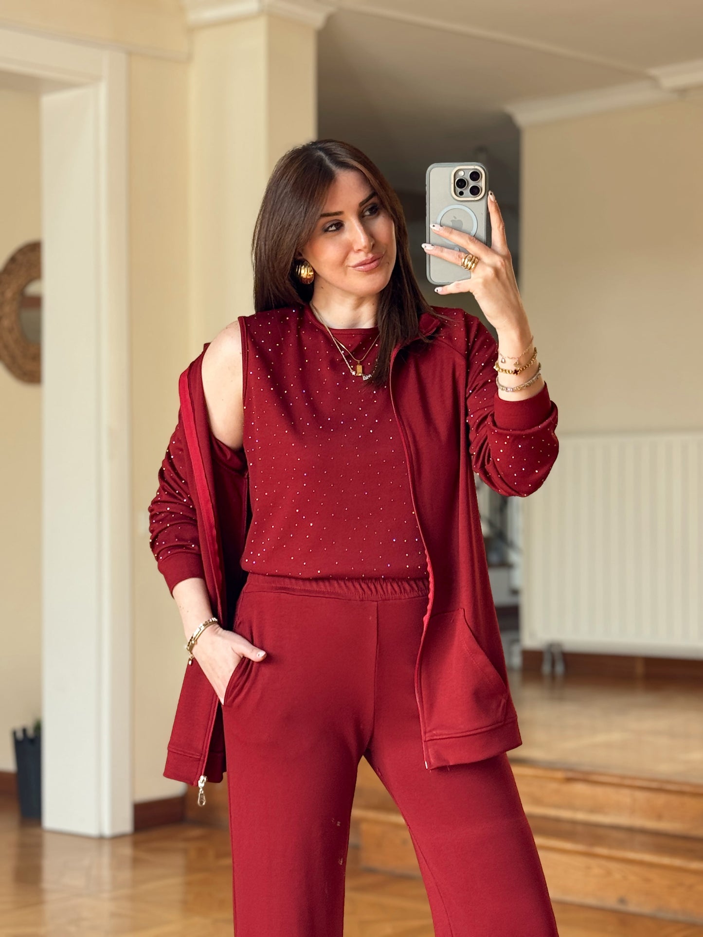 Üçlü Taşlı Oys Takım-BORDO