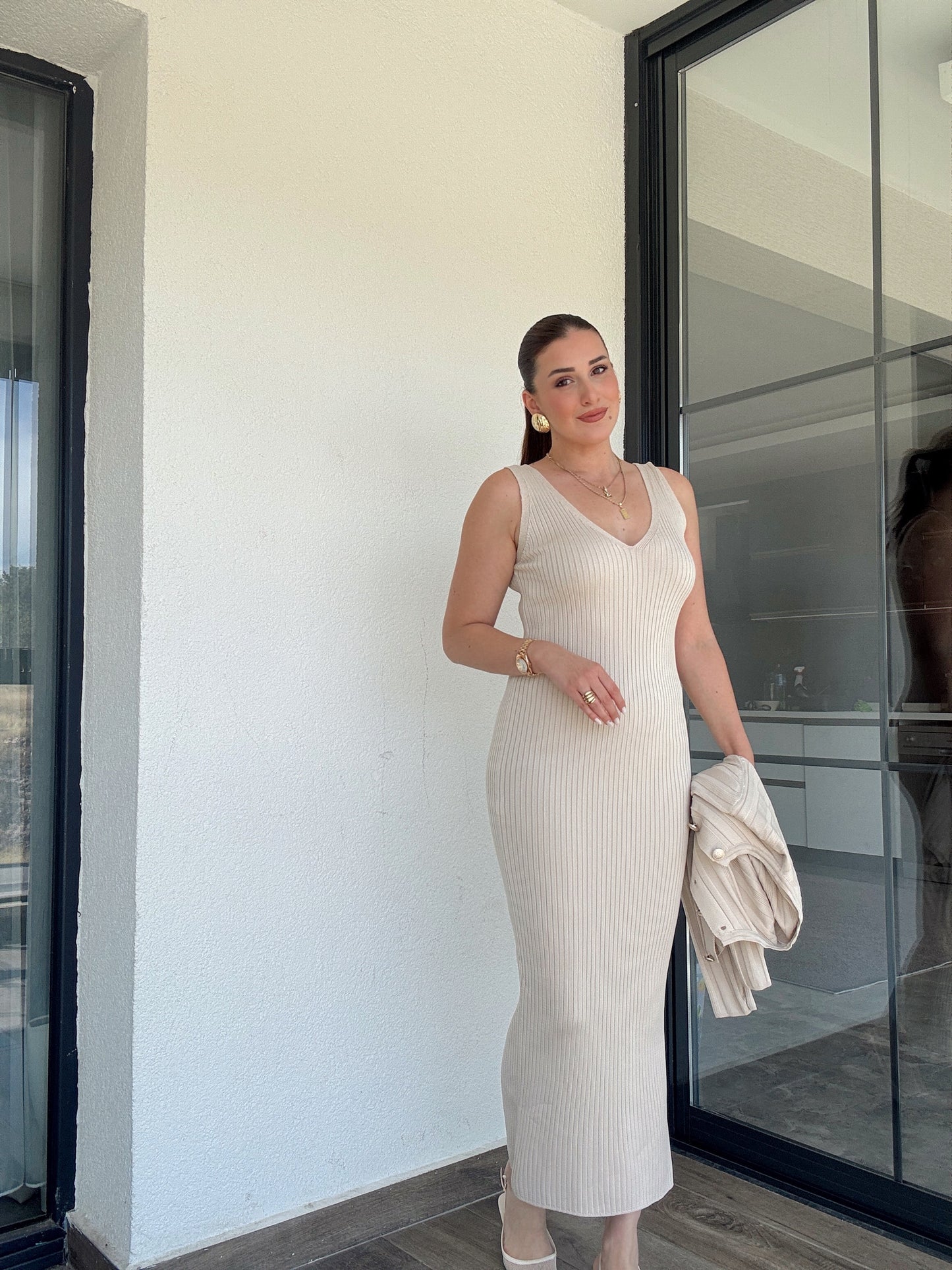 Fitilli Düğmeli Triko Takım Latte