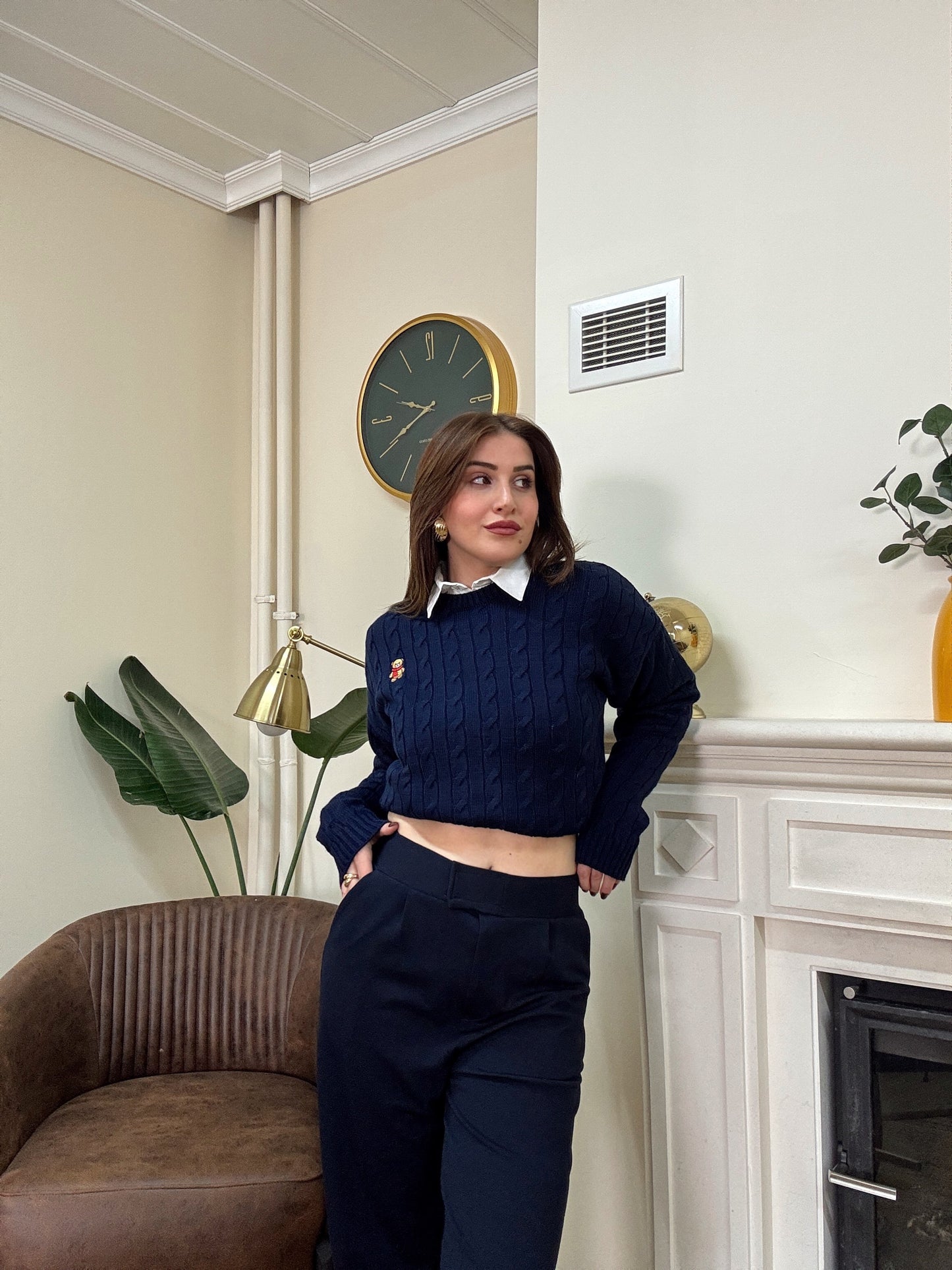 Saç örgü küçük ayıcık işlemeli kazak-LACİVERT