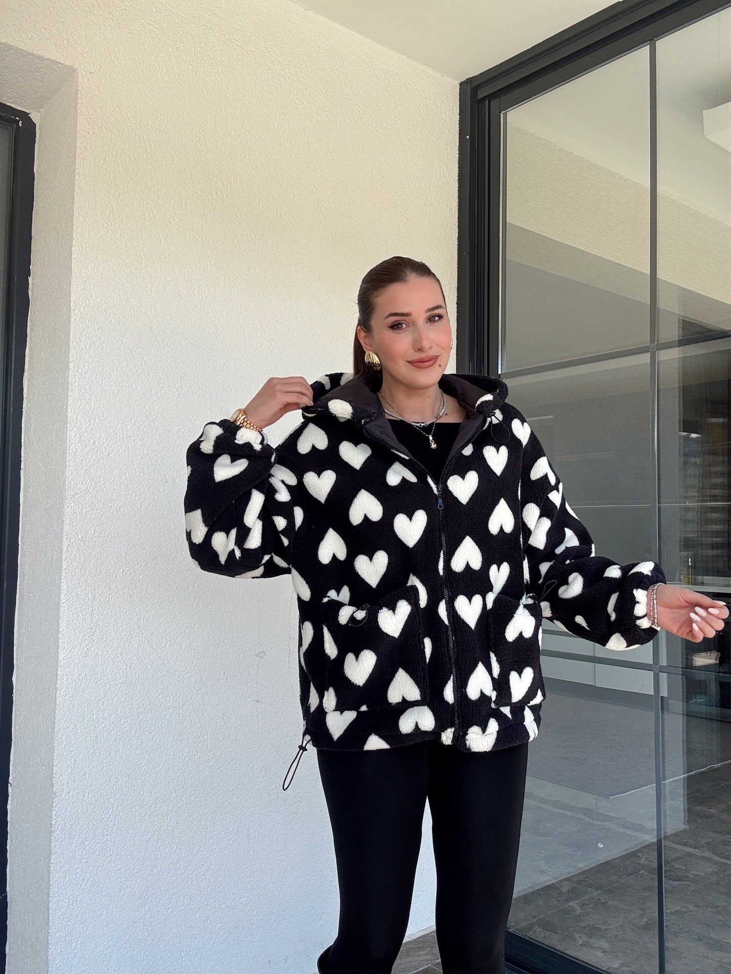 Kalpli Peluş Mont SİYAH